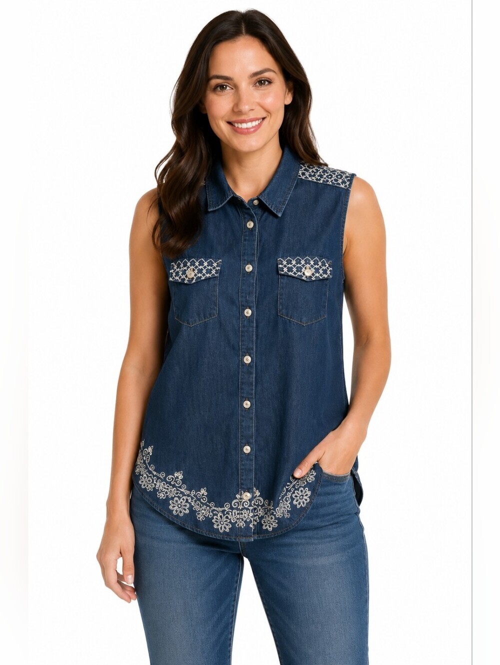 Marie Claire Denim Dark Wash Jean Blouse  Embroidery Fabric Treatment Designs M